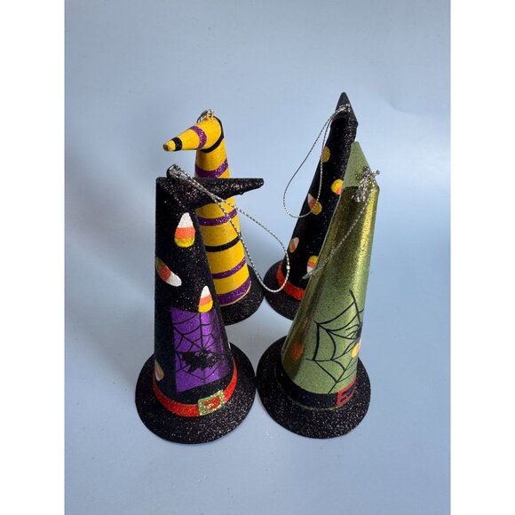 4 Witches Hat Halloween Metal Ornaments 6" With Glitter & Festive Designs - Picture 3 of 7